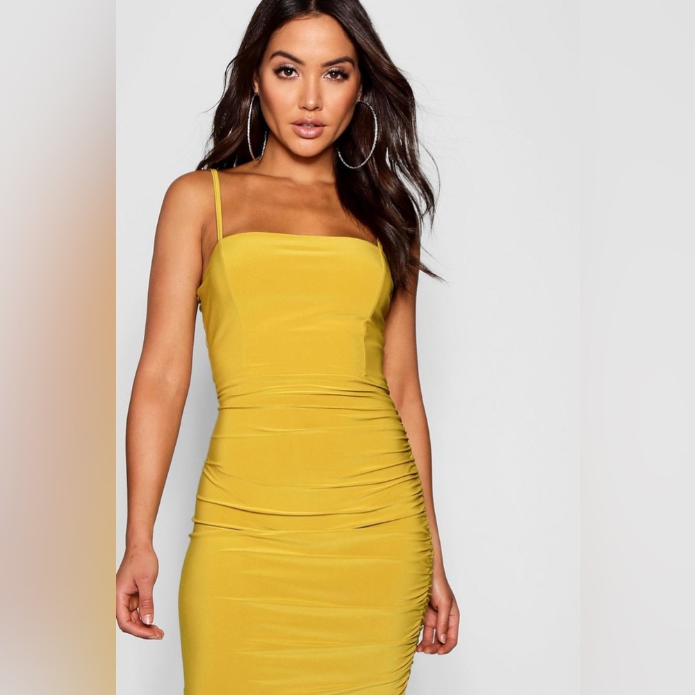 NWT Boohoo Night Yellow Mustard Ruched Side Midi Dress - Size 6